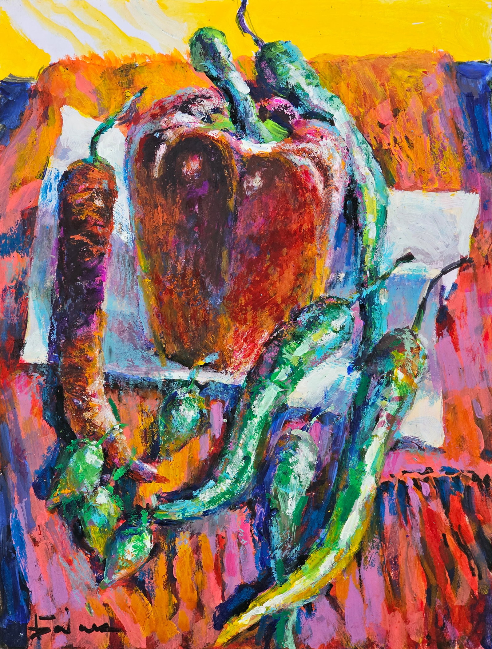Acrylic painting peppers Vyacheslav Petrovich Babac: Title: Acrylic painting peppers Vyacheslav Petrovich Babac Description: 210BA Painter: Vyacheslav Petrovick Babac S?ze: 29x22 cm/ 11.41x8.66 inches Component: oil, cardboard Original painting from our