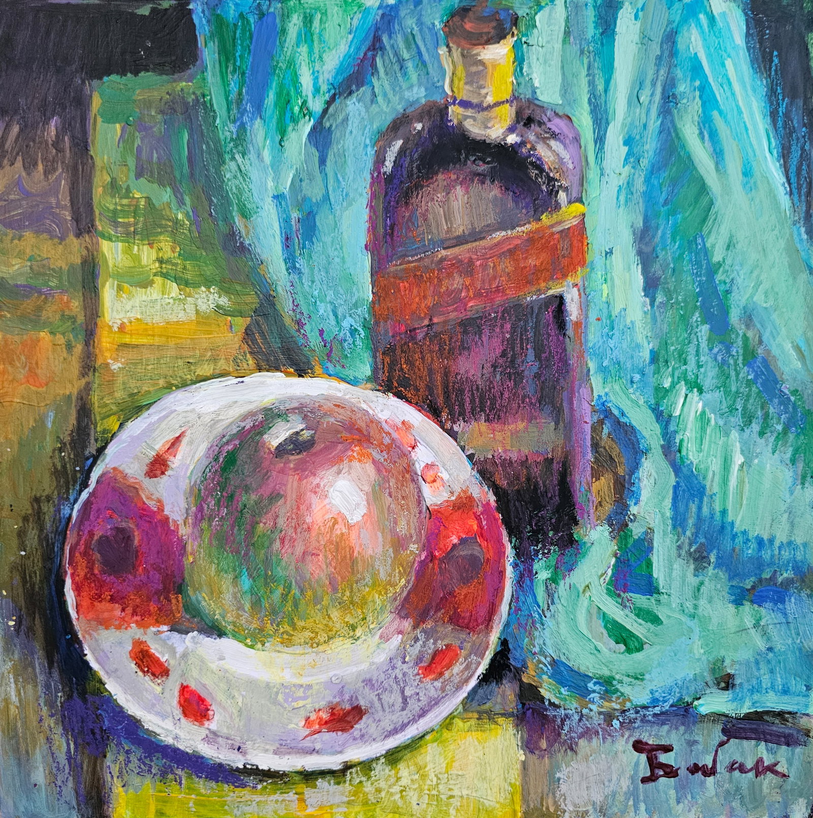 Acrylic painting still life Vyacheslav Petrovich Babac: Title: Acrylic painting still life Vyacheslav Petrovich Babac Description: 269BA Painter: Vyacheslav Petrovick Babac S?ze: 26x26 cm/ 10.23x10.23 inches Components: Acrylic, cardboard Original painting