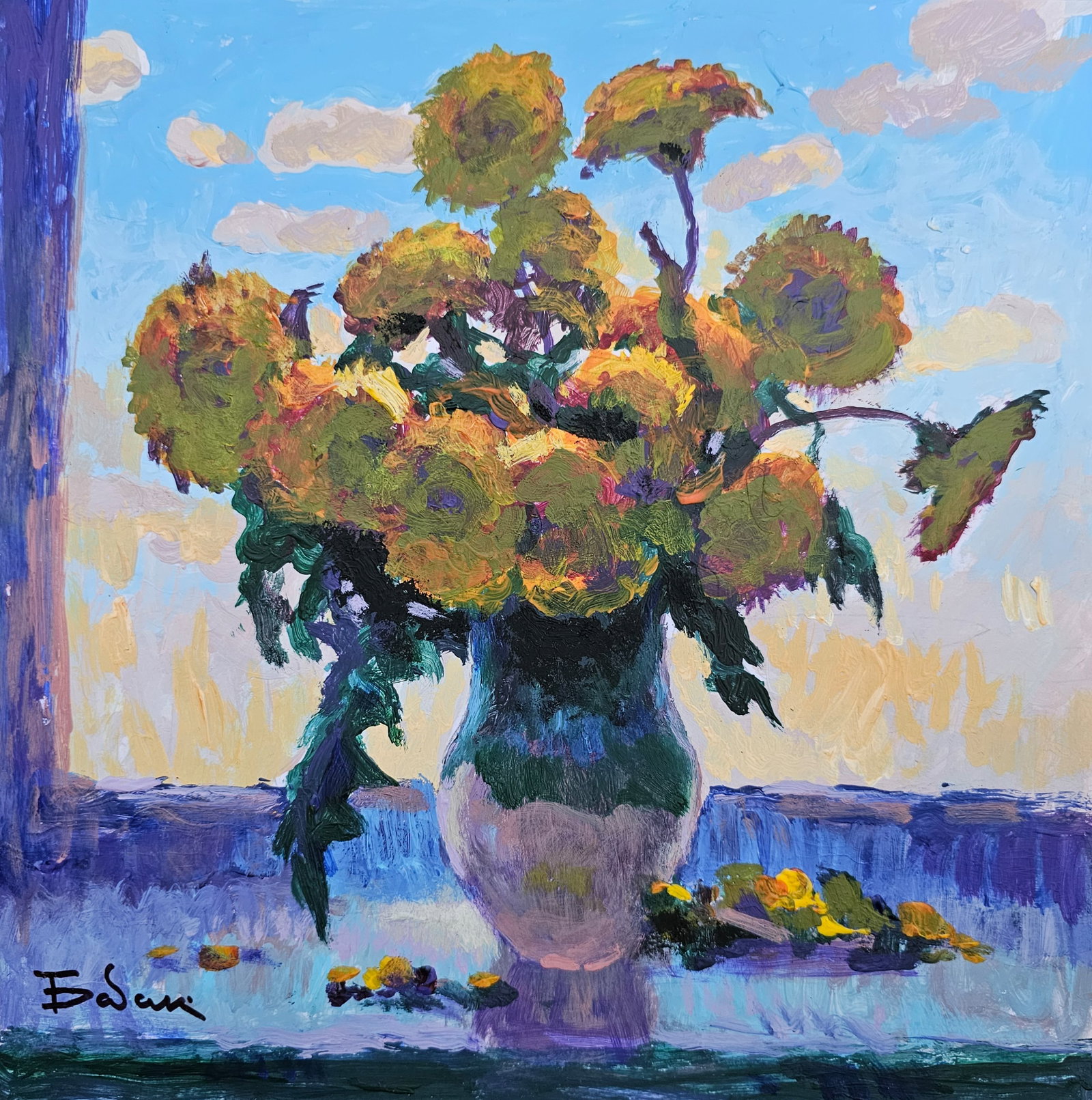 Acrylic painting dandelions on the window Vyacheslav Petrovich Babac: Title: Acrylic painting dandelions on the window Vyacheslav Petrovich Babac Description: 276BA Painter: Vyacheslav Petrovick Babac S?ze: 26x26 cm/ 10.23x10.23 inches Components: Acrylic, cardboard Ori