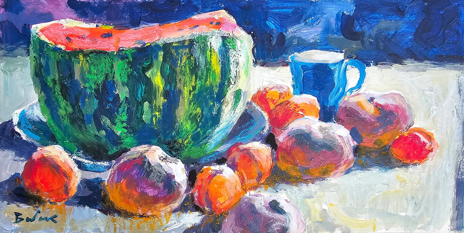 Acrylic painting the watermelon was delicious Vyacheslav Petrovich Babac: Title: Acrylic painting the watermelon was delicious Vyacheslav Petrovich Babac Description: 327BA Painter: Vyacheslav Petrovick Babac S?ze: 16x31 cm/ 6.29x12.2 inches Components: Acrylic, cardboard