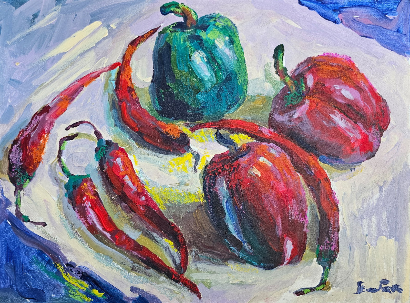 Acrylic painting still life with peppers Vyacheslav Petrovich Babac: Title: Acrylic painting still life with peppers Vyacheslav Petrovich Babac Description: 339BA Painter: Vyacheslav Petrovick Babac S?ze: 30x40 cm/ 11.81x15.74 inches Components: Acrylic, cardboard Orig