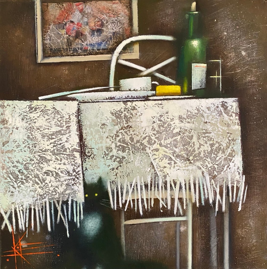 Abstract Oil painting Breakfast Oksana Kyrylenko: Title: Abstract Oil painting Breakfast Oksana Kyrylenko Description: 183KOR Painter: Oksana Kyrylenko Size: 32x32 cm/12,59x12,59 inches Components: oil, canvas, Original painting from our collection E