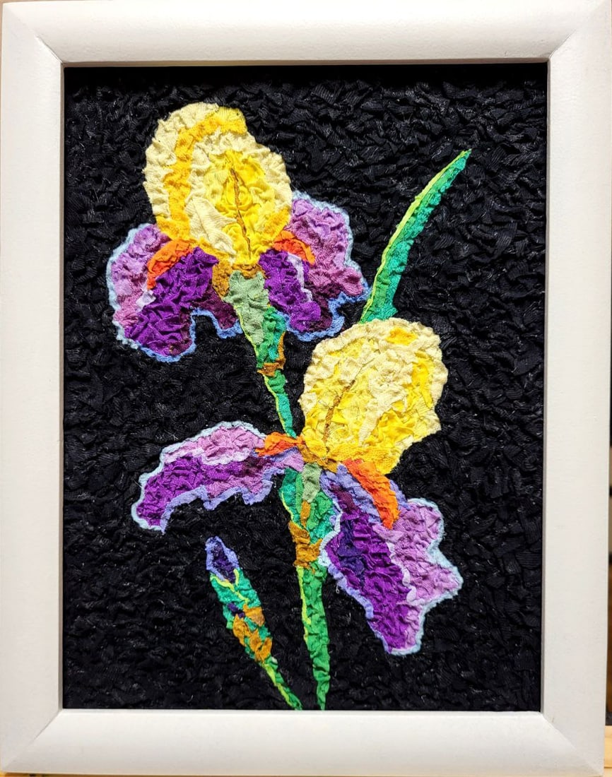 Handicraft Irises: Title: Handicraft Irises Description: 14Serd Painter: Size: 29x22,5 cm/17,71x27,56 inches Components: Fabric, glue, fiberboard Original Artwork from our collection ERA: Reserve: $150.00 Shipping: