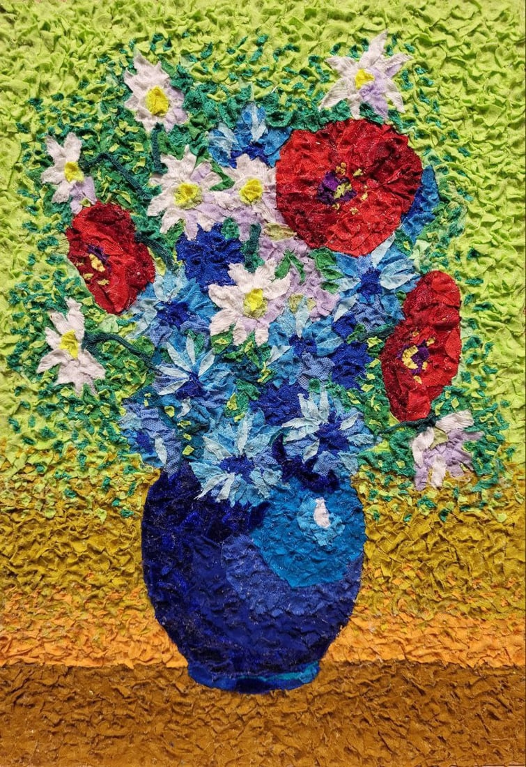 Handicraft Wild flowers: Title: Handicraft Wild flowers Description: 15Serd Painter: Size: 36x25 cm/14,17x9,84 inches Components: Fabric, glue, fiberboard Original Artwork from our collection ERA: Reserve: $150.00 Shipping: