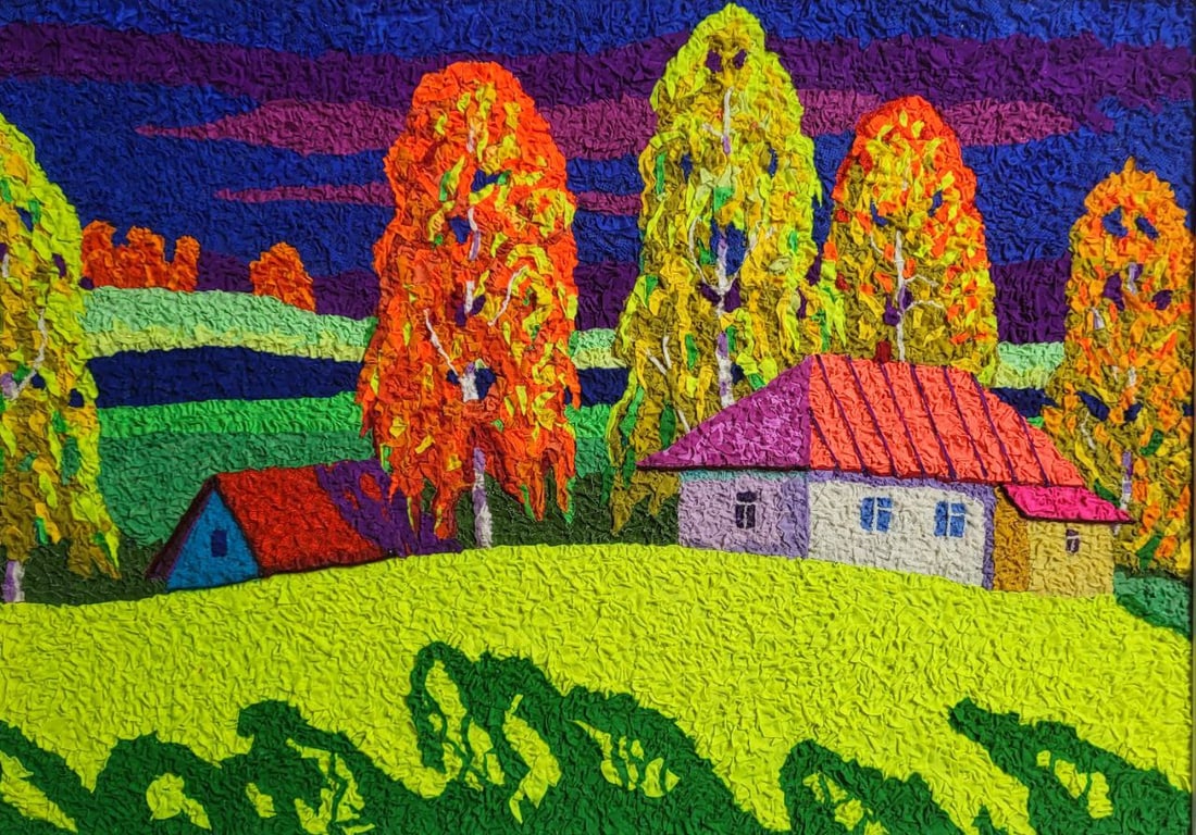 Handicraft Colors of Autumn: Title: Handicraft Colors of Autumn Description: 17Serd Painter: Size: 50x70 cm/19,68x27,56 inches Components: Fabric, glue, fiberboard Original Artwork from our collection ERA: 2023 Reserve: $290.00