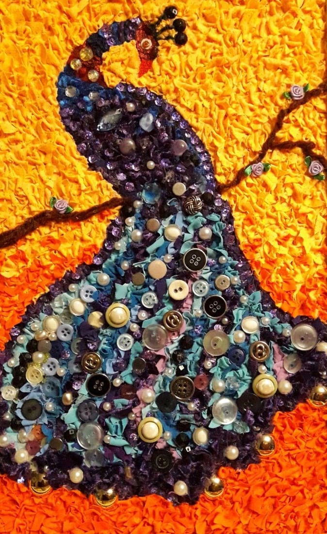 Handicraft Peacock: Title: Handicraft Peacock Description: 34Serd Painter: Size: 40x25,5 cm/15,75x10,04 inches Components: Fabric, glue, fiberboard Original Artwork from our collection ERA: Reserve: $250.00 Shipping: