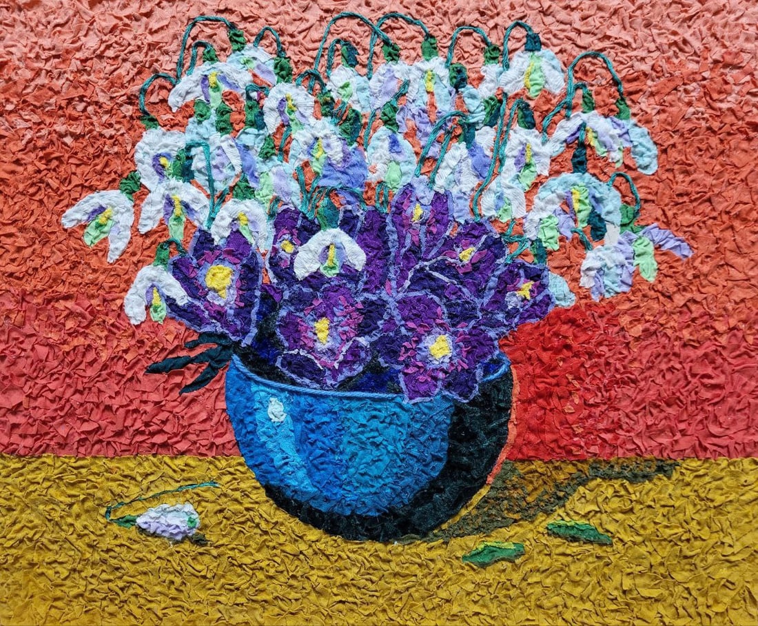 Handicraft Primroses: Title: Handicraft Primroses Description: 35Serd Painter: Size: 33,5x40,5 cm/13,19x15,94 inches Components: Fabric, glue, fiberboard Original Artwork from our collection ERA: Reserve: $250.00