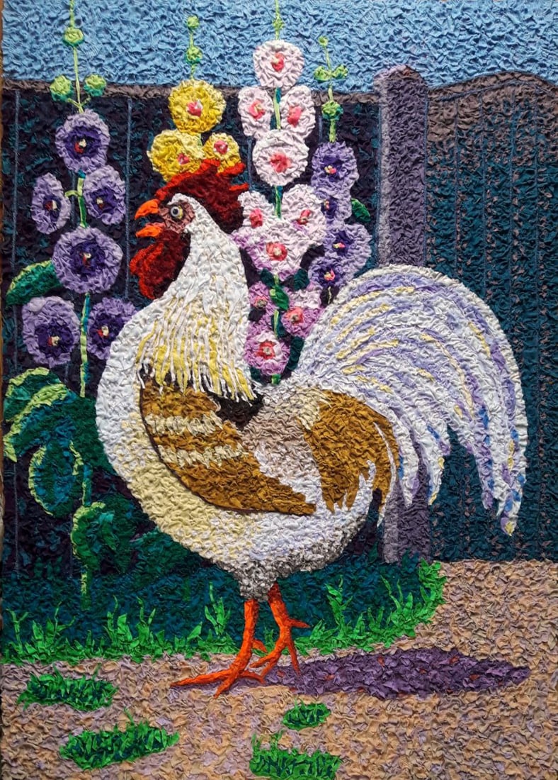 Handicraft Rooster and mallows: Title: Handicraft Rooster and mallows Description: 36Serd Painter: Size: 70x50 cm/27,56x19,68 inches Components: Fabric, glue, fiberboard Original Artwork from our collection ERA: 2023 Reserve: