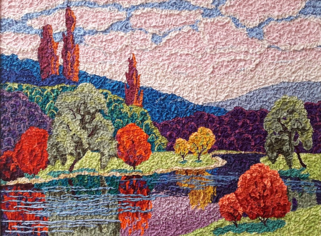 Handicraft River Mirror: Title: Handicraft River Mirror Description: 39Serd Painter: Size: 45x60 cm/17,71x23,62 inches Components: Fabric, glue, fiberboard Original Artwork from our collection ERA: 2022 Reserve: $290.00