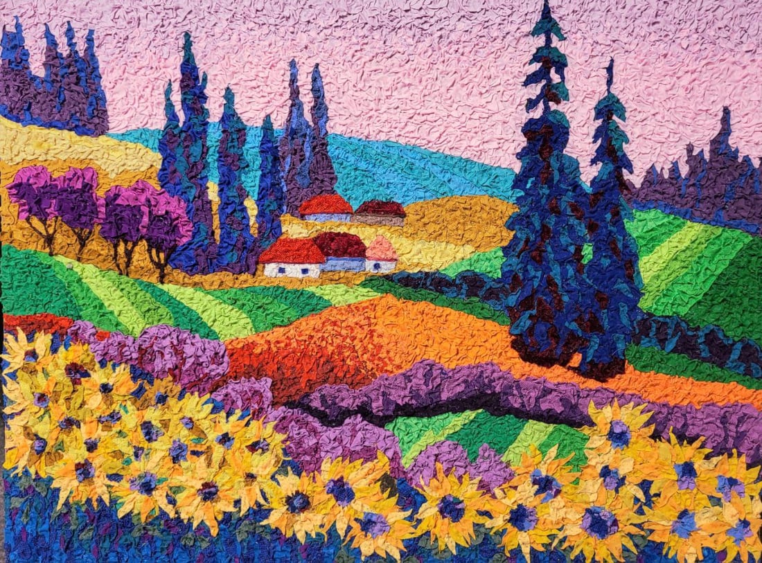 Handicraft Sunflowers: Title: Handicraft Sunflowers Description: 43Serd Painter: Size: 45x60 cm/17,71x23,62 inches Components: Fabric, glue, fiberboard Original Artwork from our collection ERA: 2023 Reserve: $290.00