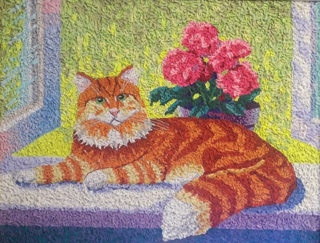 Handicraft Cat Timofey: Title: Handicraft Cat Timofey Description: 46Serd Painter: Size: 45x60 cm/17,71x23,62 inches Components: Fabric, glue, fiberboard Original Artwork from our collection ERA: 2023 Reserve: $290.00