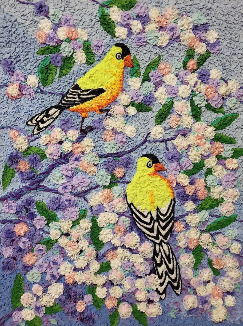 Handicraft In the spring garden: Title: Handicraft In the spring garden Description: 47Serd Painter: Size: 60x45 cm/23,62x17,71 inches Components: Fabric, glue, fiberboard Original Artwork from our collection ERA: Reserve: $290.00