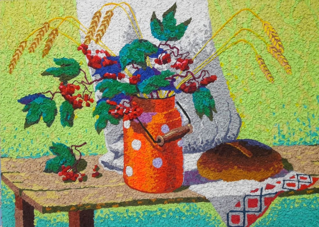 Handicraft Ukrainian still life: Title: Handicraft Ukrainian still life Description: 48Serd Painter: Size: 50x70 cm/19,68x27,56 inches Components: Fabric, glue, fiberboard Original Artwork from our collection ERA: Reserve: $290.00