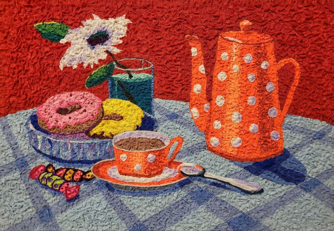 Handicraft Tea still life: Title: Handicraft Tea still life Description: 49Serd Painter: Size: 35x50 cm/13,78x19,68 inches Components: Fabric, glue, fiberboard Original Artwork from our collection ERA: Reserve: $290.00