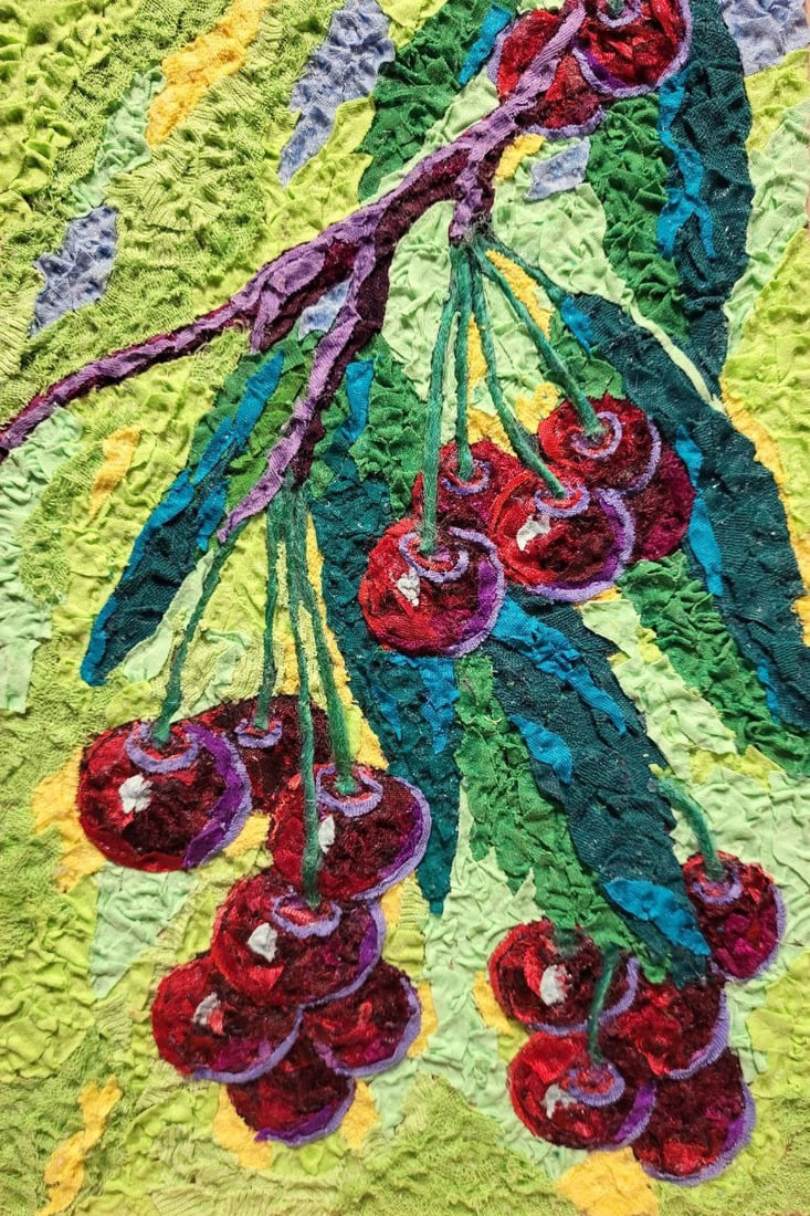 Handicraft Cherries: Title: Handicraft Cherries Description: 51Serd Painter: Size: 30x20 cm/11,81x7,87 inches Components: Fabric, glue, fiberboard Original Artwork from our collection ERA: Reserve: $150.00 Shipping: