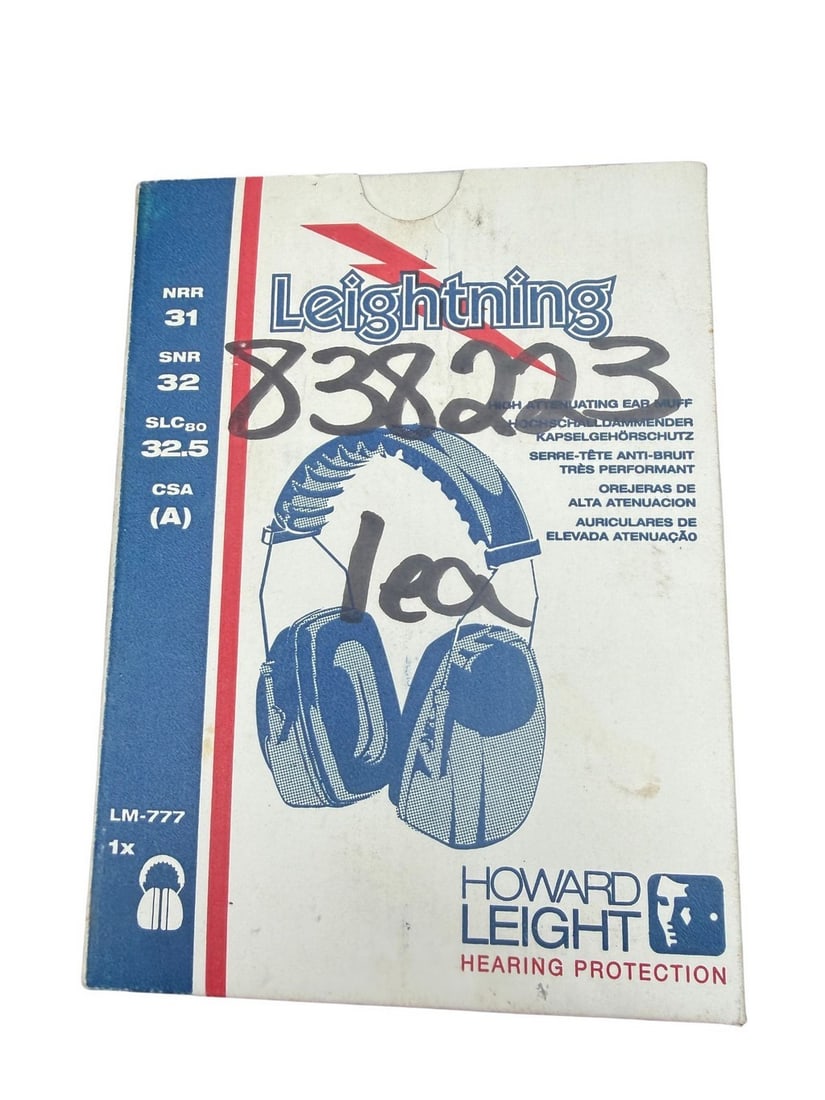 Howard Leight Leightning L0F Folding Earmuffs for Hearing Protection: This lot features a pair of Leightning L0F folding earmuffs from Howard Leight, designed for effective hearing protection. The earmuffs are presented in their original packaging, which displays