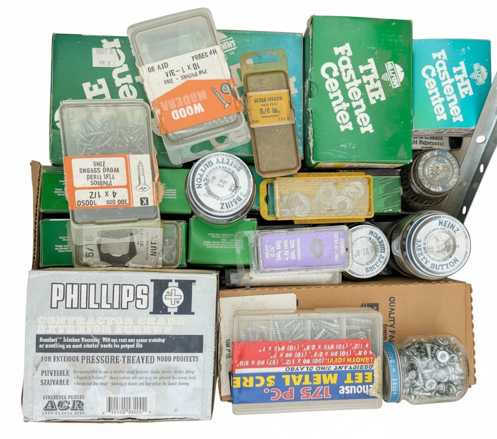 Collection of Assorted Fasteners, Hardware, and Small Parts: A comprehensive collection of assorted fasteners, including screws, nuts, bolts, and possibly other small hardware items, primarily from The Fastener Center and Hillman brands. The lot includes variou