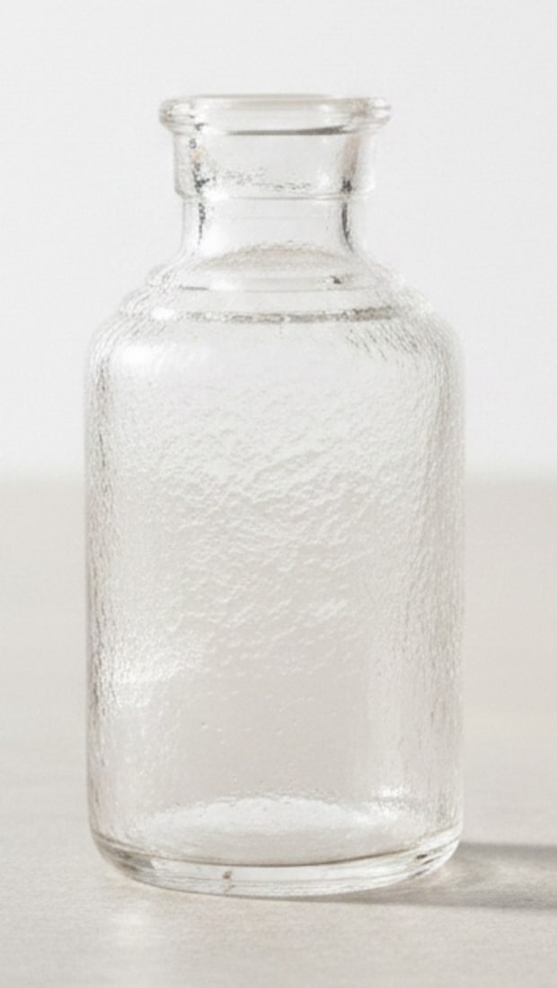 Vintage Coricidin Cold Relief Tablets Bottle, Glass and assorted small glass bottles: Vintage clear glass bottle for Coricidin Cold Relief Tablets. The bottle has a rectangular body with rounded shoulders and a short, narrow neck, typical of mid-20th century pharmaceutical packaging. A