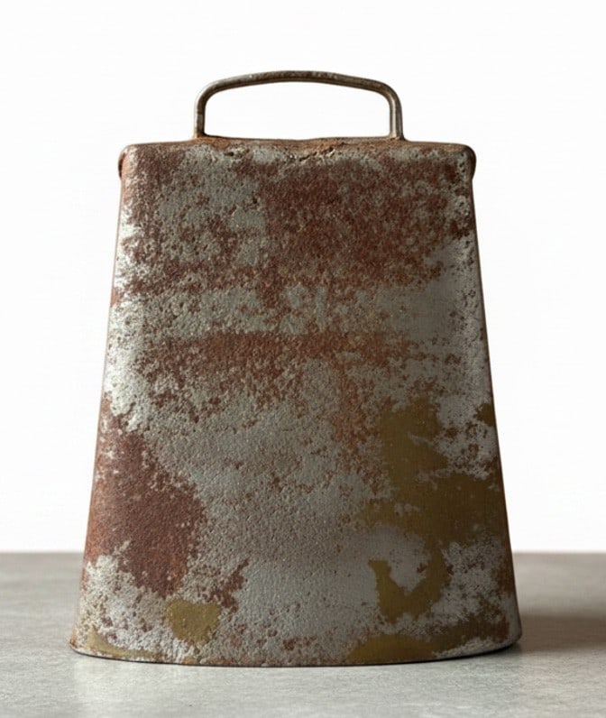 Cowbell, large: This original cowbell presents heavy use and possibly having graced the neck of someone's prized cow back in the day! It appears to be early to mid 20th century, and shows signs of wear and rust