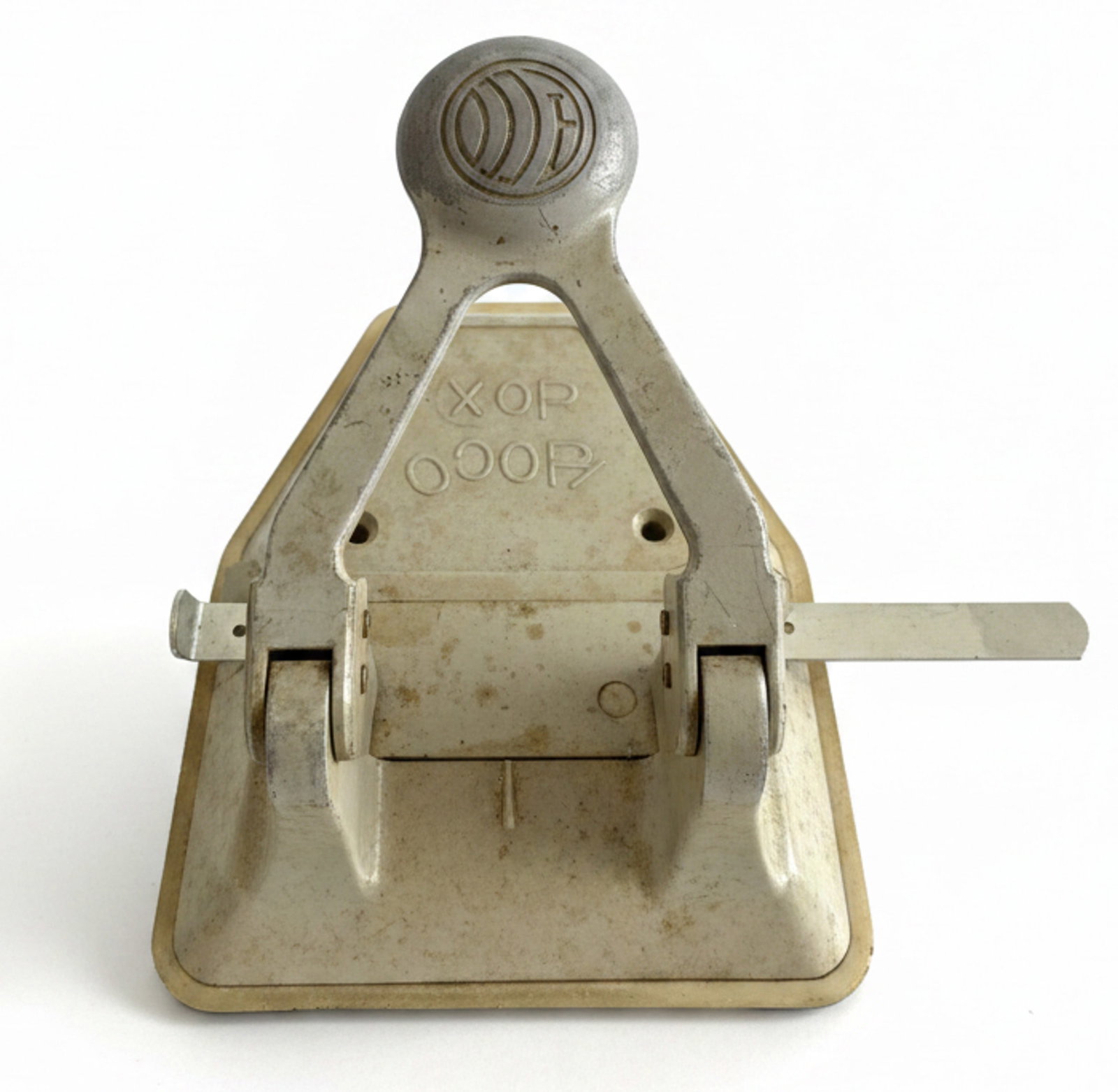 Vintage MCM 1930's ACCO Metal 10X 2 Hole Punch with Alignment Guide Art Deco: This Vintage MCM 1930's ACCO Products 10 2-Hole-Punch with Alignment Guide is made of metal and was constructed in a classic Art Deco Style. Dimensions: Height 7, Width 5, Depth 3 inches Weight 1 lb C