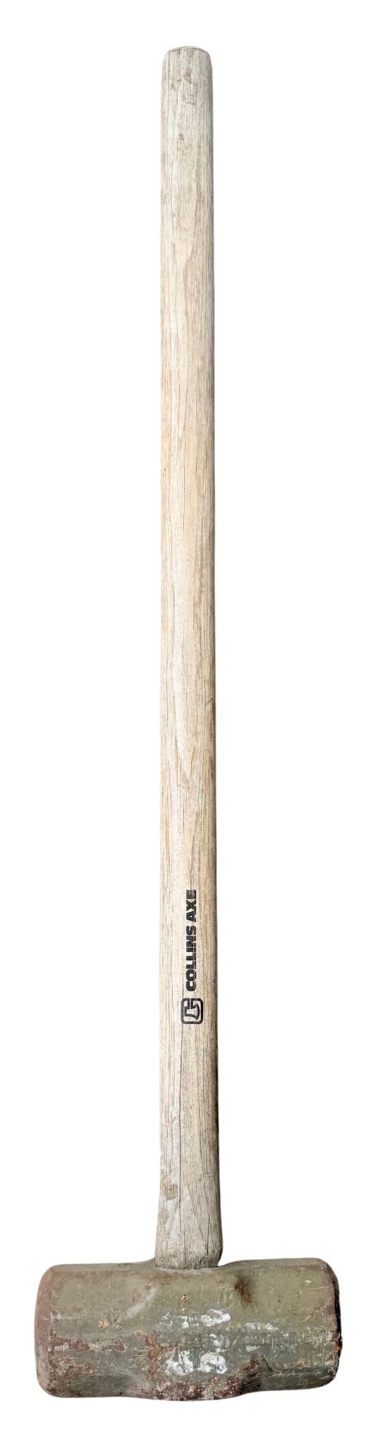 Collins Axe Sledgehammer: This a well-used Collins Axe sledgehammer, featuring a heavy metal head and a wooden handle. The head shows significant wear, including rust and pitting, consistent with heavy use. The wooden handle,