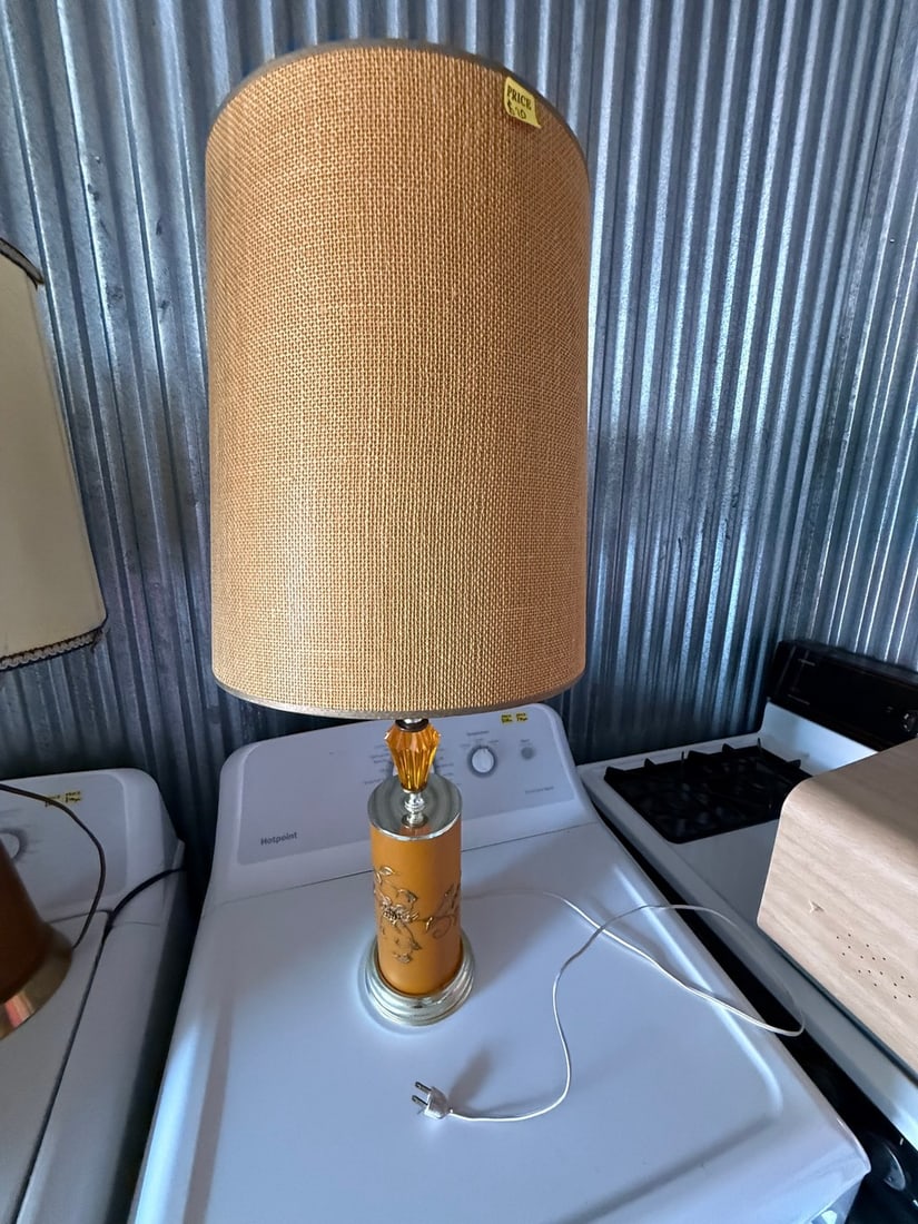 Vintage Mid-Century Table Lamp with Gold Floral Detail and Linen Shade - 2