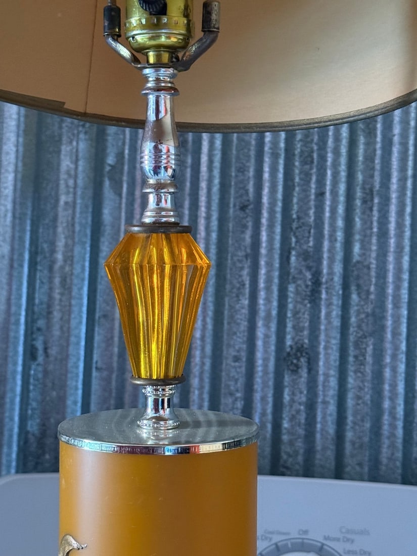 Vintage Mid-Century Table Lamp with Gold Floral Detail and Linen Shade - 3
