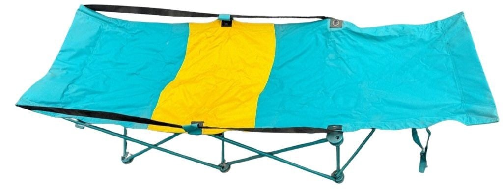 Folding Camp Cot with Teal and Yellow Fabric: A vintage-style folding camp cot featuring a sturdy teal metal frame and a durable canvas sleeping surface in a vibrant teal and yellow stripe pattern. This cot is characteristic of outdoor and