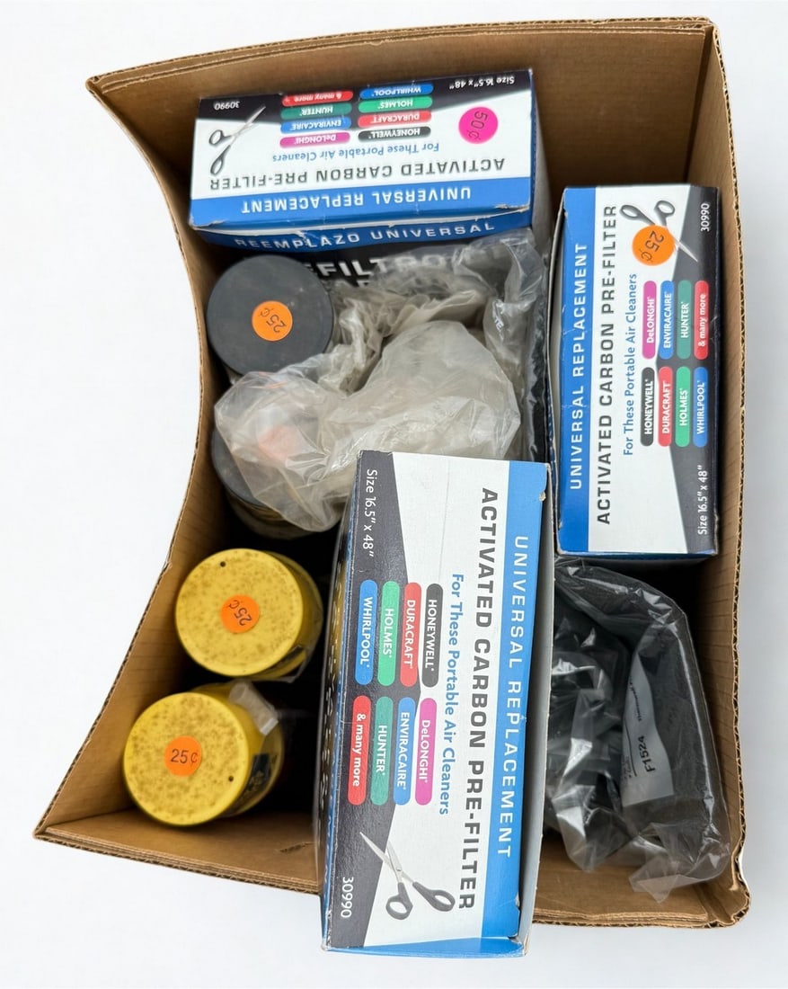 Assorted Air Purifier Filters and Insulating Foam Sealants: A collection of household maintenance items, including three packs of "Universal Replacement Activated Carbon Pre-Filters" suitable for various portable air cleaner brands like Honeywell, DeLonghi,