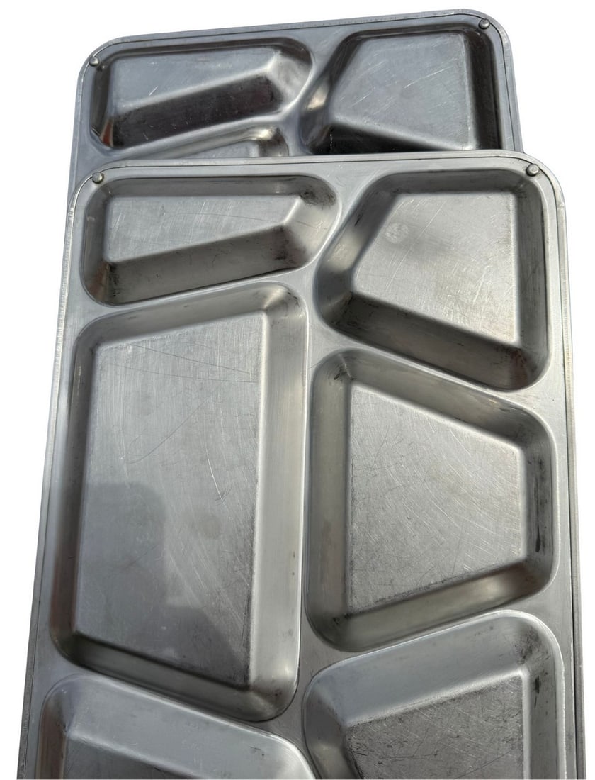 Vintage Aluminum Mess Trays, Set of Two: A set of two vintage aluminum mess trays, likely dating to the mid-20th century, possibly World War II era as indicated by the "WW2 MSS" marking on the price sticker. Each tray features multiple