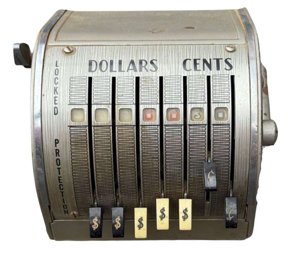Vintage Paymaster Series X-900 Check Writer: This vintage Paymaster Series X-900 check writer, manufactured by The Paymaster Corp. in Chicago, features a durable metal construction with a grey finish. The front panel displays "DOLLARS" and "CENT
