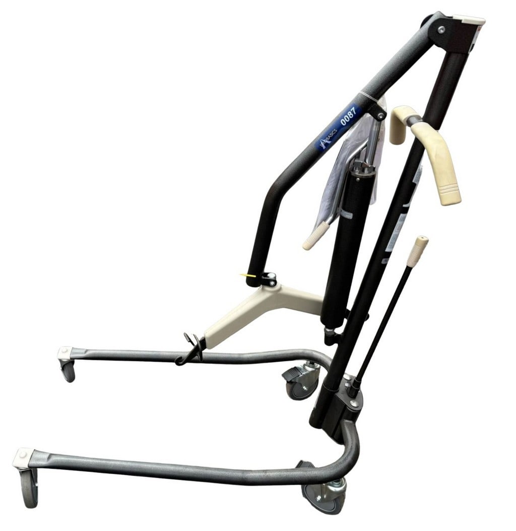 4MDMEDICAL Hydraulic Patient Lift with Sling and Chains: This listing features a 4MDMEDICAL hydraulic patient lift, designed for safe and efficient patient transfers. The lift is constructed with a durable black and beige metal frame on casters, providing