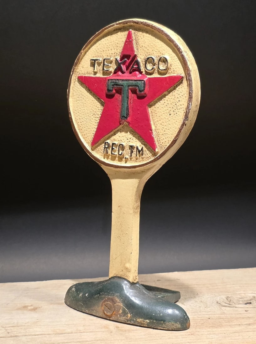 9.5" Texaco Cast Iron Doorstop Lollipop Sign Base Advertising - 10