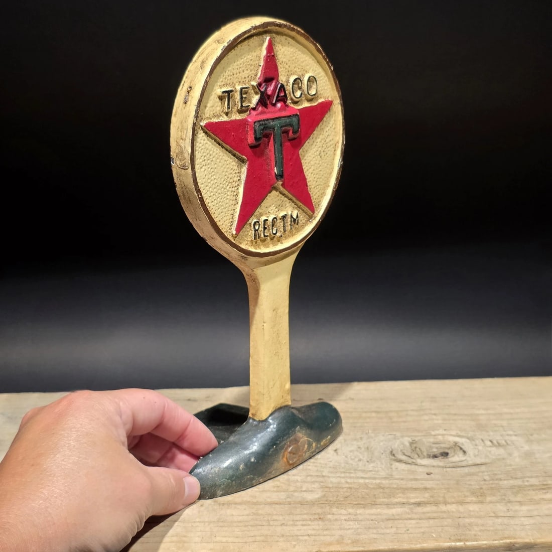 9.5" Texaco Cast Iron Doorstop Lollipop Sign Base Advertising - 3