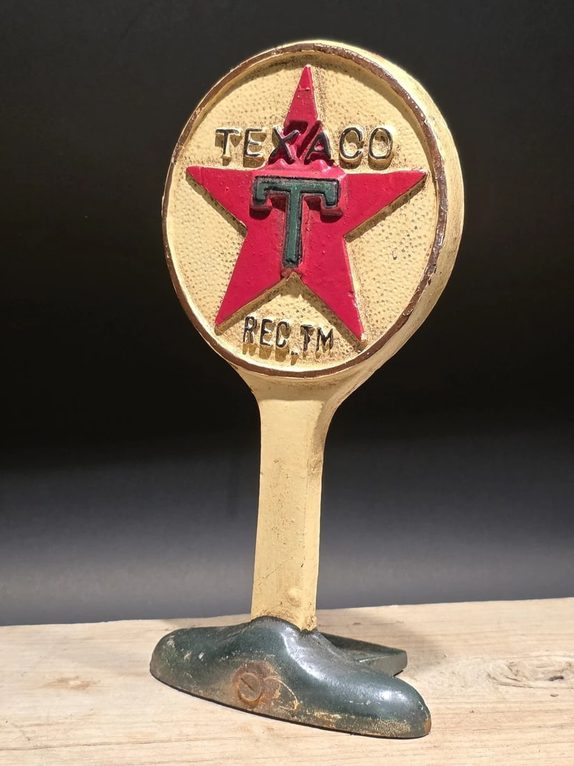 9.5" Texaco Cast Iron Doorstop Lollipop Sign Base Advertising - 9