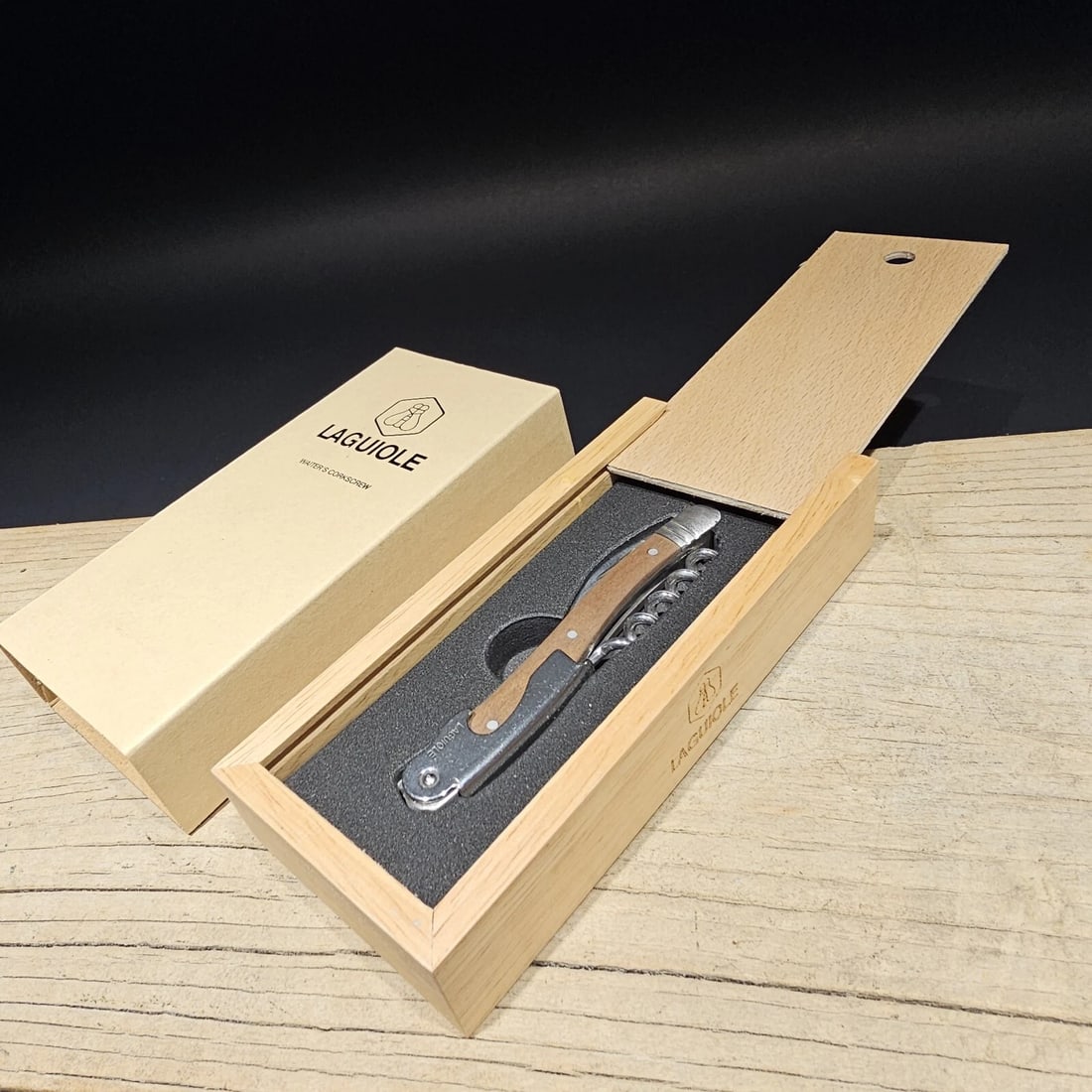Corkscrew with Walnut Wood Handles: 4 1/2" long x 5/8" Wide Nice quality, brand new, never used heavy waiters style Laguiole corkscrew with walnut wood handles. This piece is made from stainless steel with a ribbed corkscrew worm and
