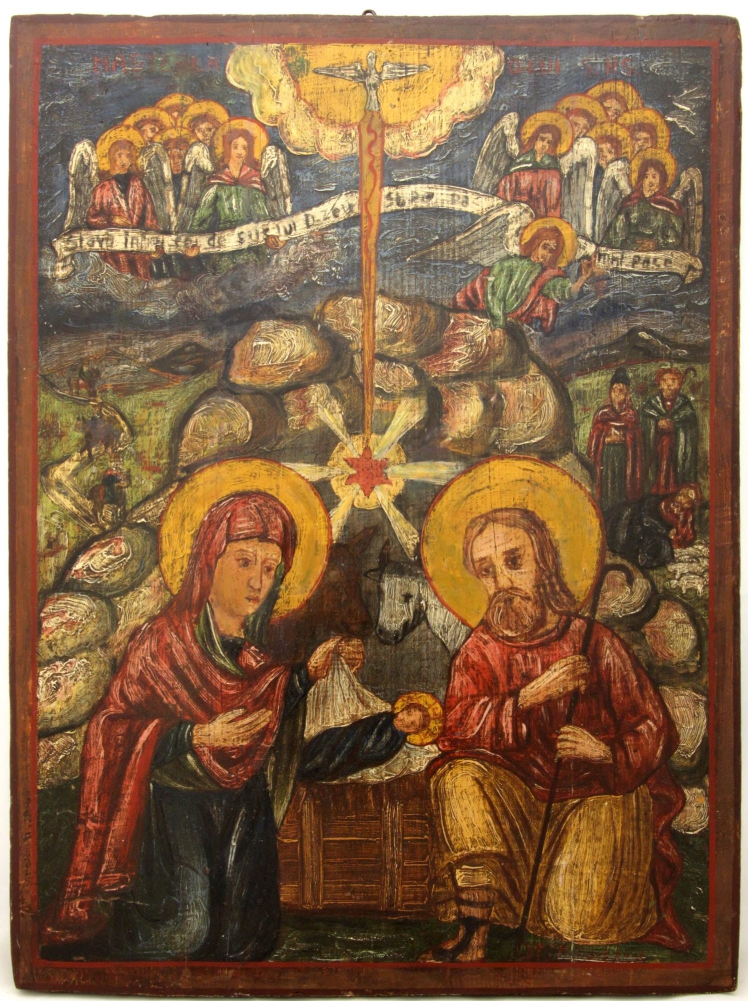 Christmas: Description: Large icon Christmas. Oil on wood panel, Balkans. Details: Dimensions 40.5 × 55 cm Century 19 Reserve: $800.00 Shipping: Domestic: Flat-rate of $50.00 to anywhere within the contiguous
