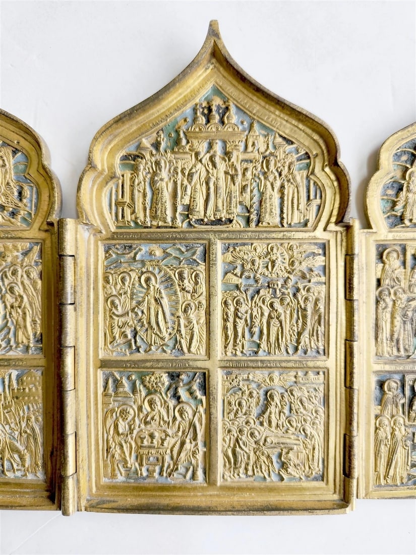 19th century RUSSIAN ORTHODOX BRONZE ENAMEL FOLDING TRAVELER ICON antique - 5