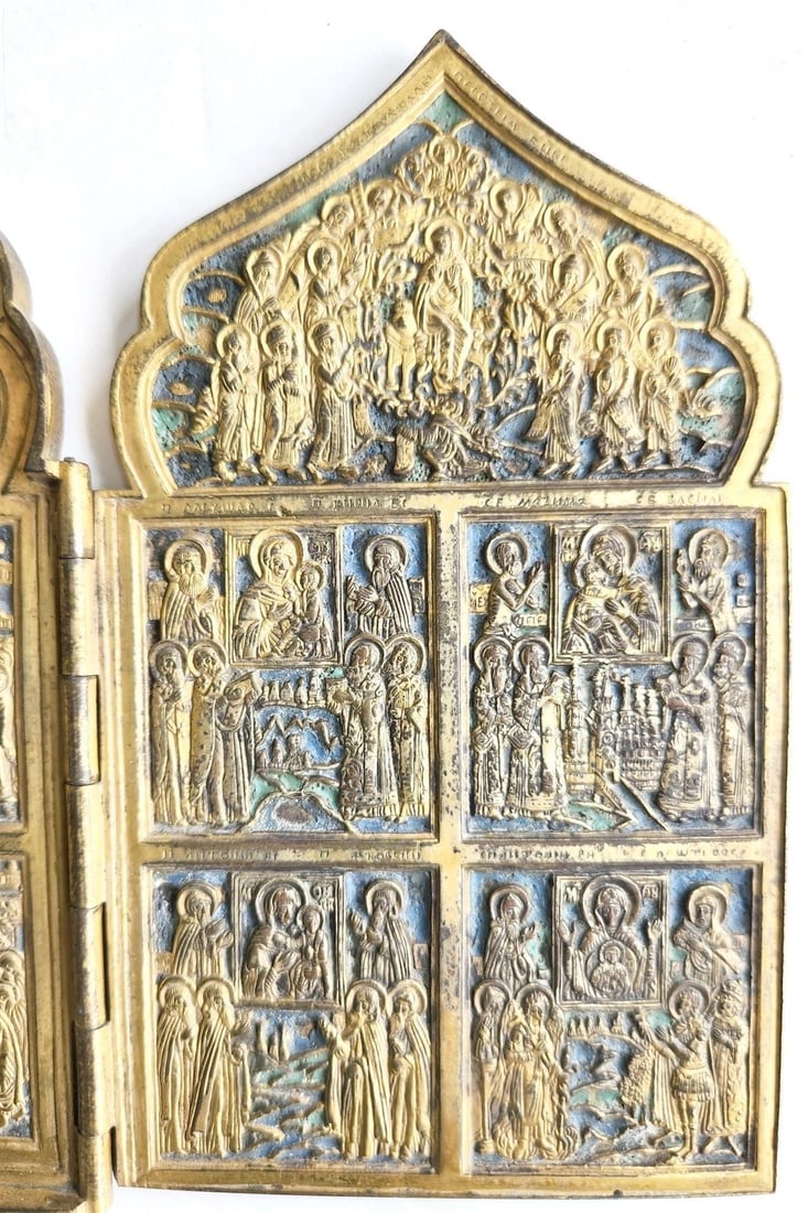 19th century RUSSIAN ORTHODOX BRONZE ENAMEL FOLDING TRAVELER ICON antique - 6