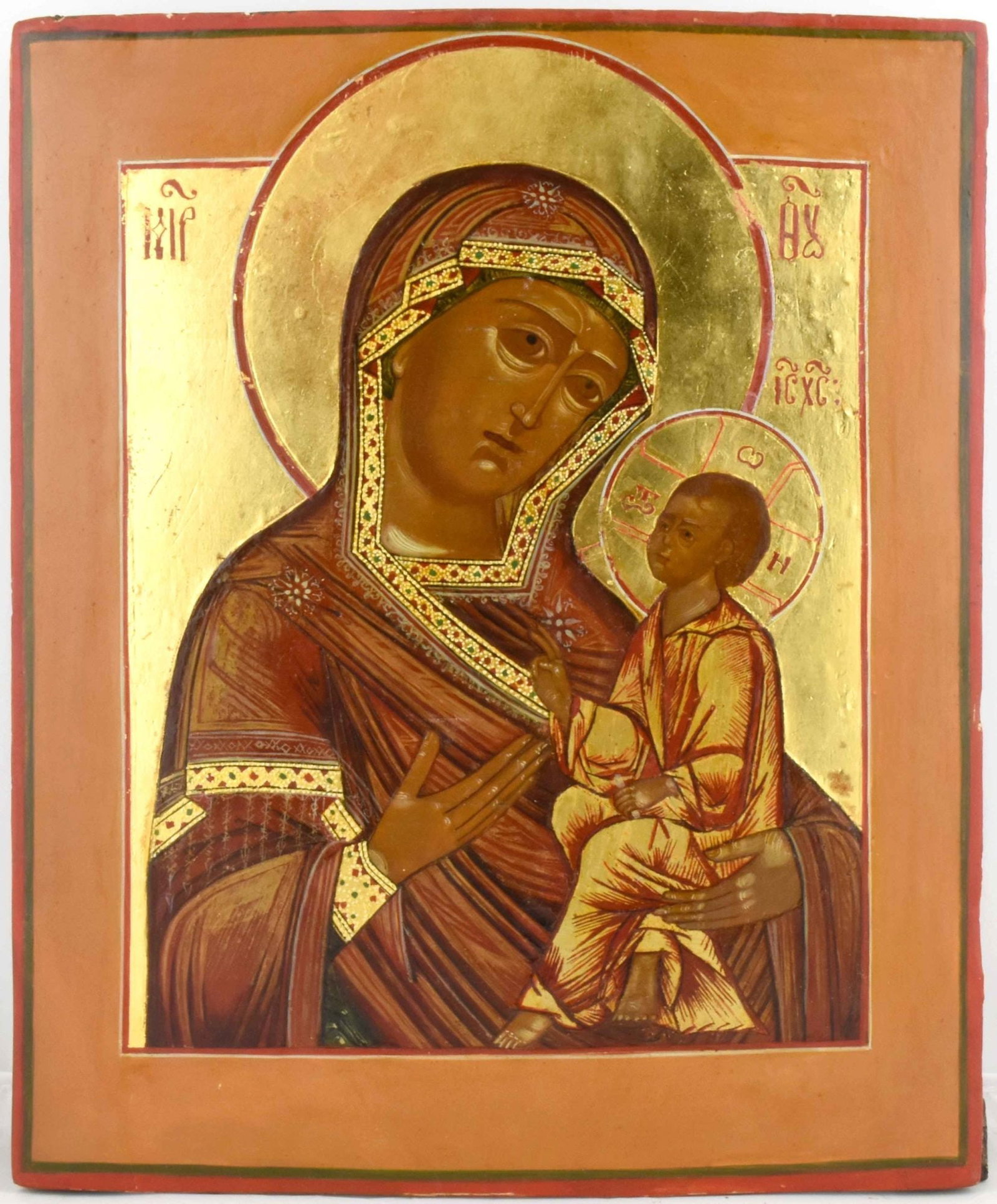 Our Lady Hodegetria Eleusa of Tichvin: Description: Our Lady Hodegetria Eleusa of Tichvin. Russian wooden icon. Details: Dimensions 29 × 36 cm Century 19 Reserve: $900.00 Shipping: Domestic: Flat-rate of $50.00 to anywhere within the