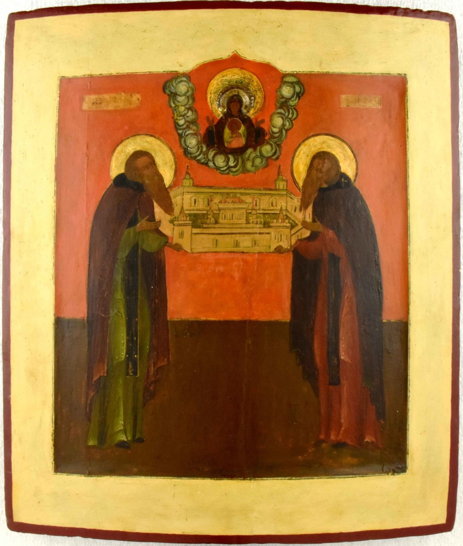 Saints Zosima and Savatii: Description: Saints Zosima and Savatii, founders of the Solovetski Monastery. Russian wooden icon. Details: Dimensions 30 × 35 cm Century 18 Reserve: $1,000.00 Shipping: Domestic: Flat-rate of