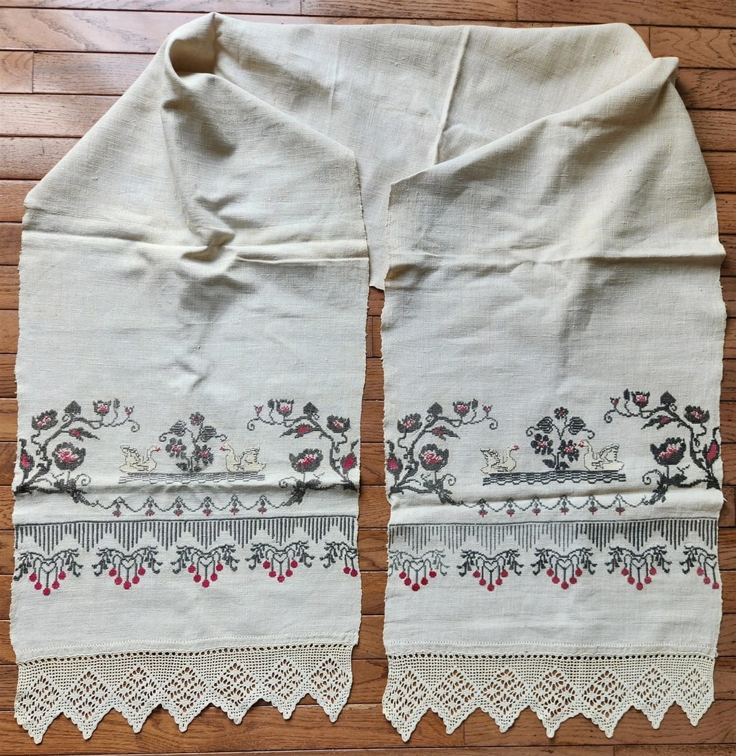 VINTAGE UKRAINIAN EMBROIDERED LINEN RUSHNIK or TABLE RUNNER w/ SWANN DESIGN (1 of 6)