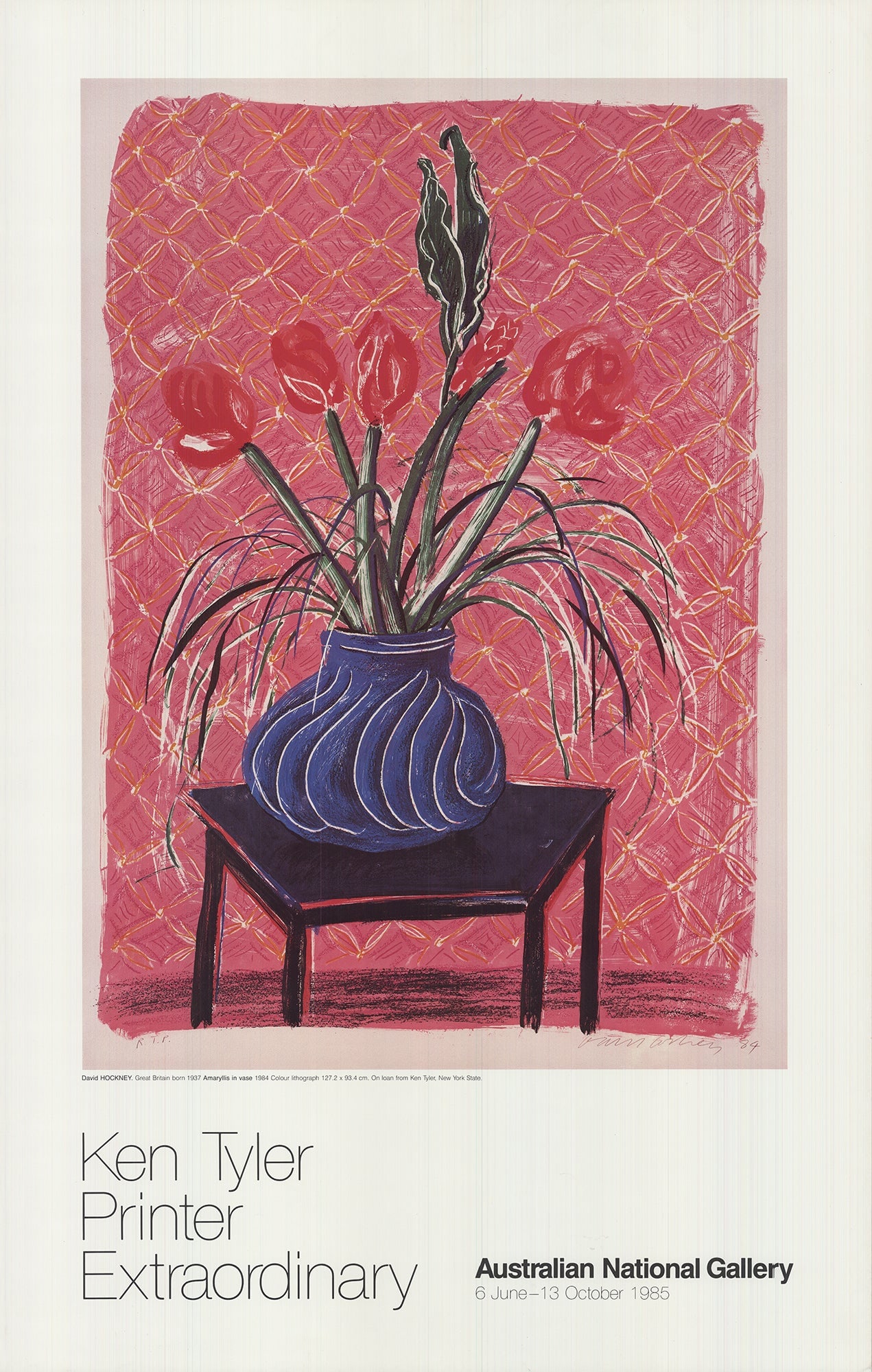 David Hockney - Amaryllis In vase - 1985 Offset Lithograph 33 x 21"": Title: David Hockney - Amaryllis In vase - 1985 Offset Lithograph 33 x 21" Description: "Amaryllis In vase" by David Hockney, 1985 Unsigned Offset Lithograph. Paper size is 33 x 21 inches, with an ima