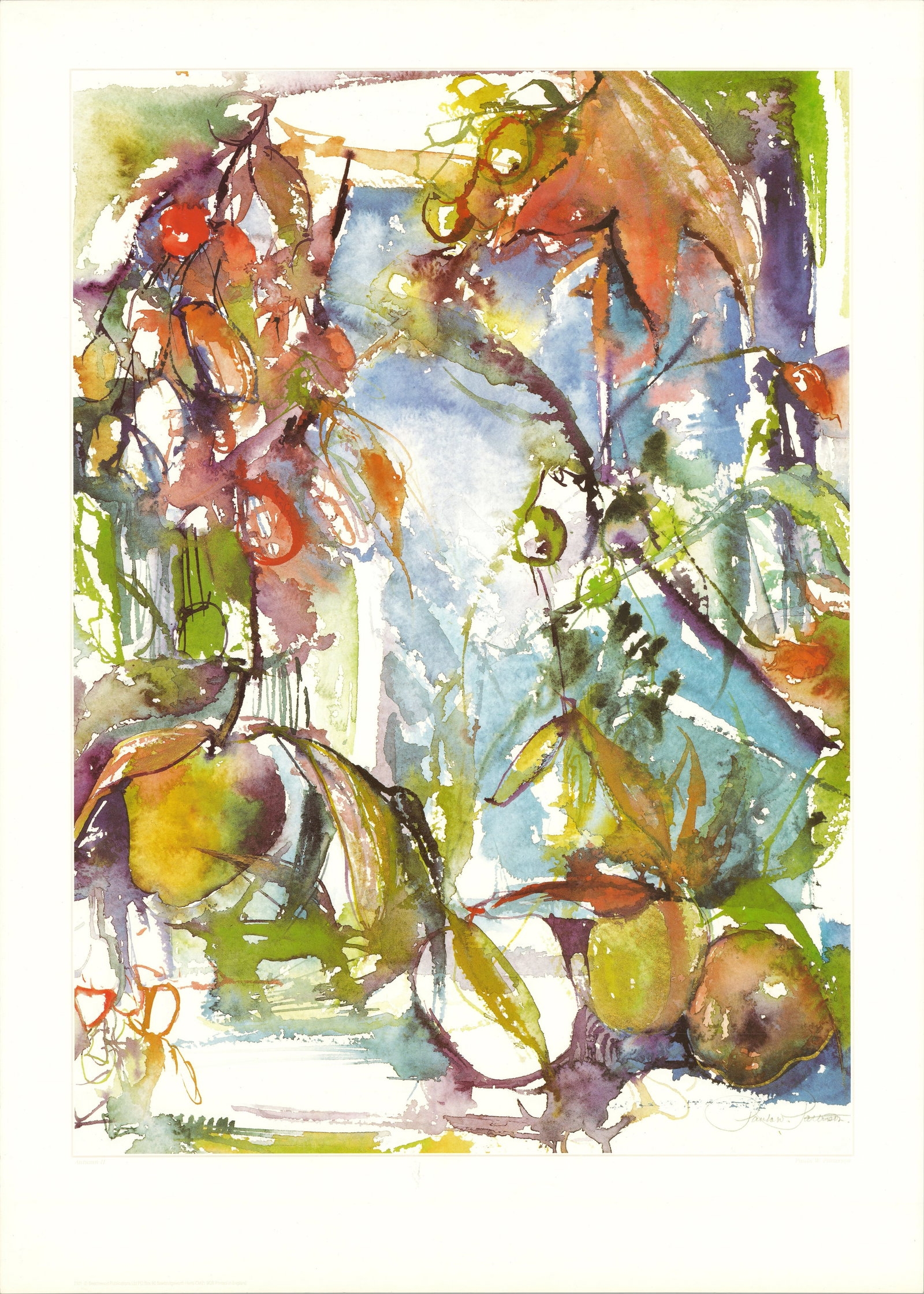 Paula Patterson - Autumn II - 1990 Offset Lithograph 27.5 x 19.5"": Title: Paula Patterson - Autumn II - 1990 Offset Lithograph 27.5 x 19.5" Description: "Autumn II" by Paula Patterson, 1990 Unsigned Offset Lithograph. Paper size is 27.5 x 19.5 inches, with an image s