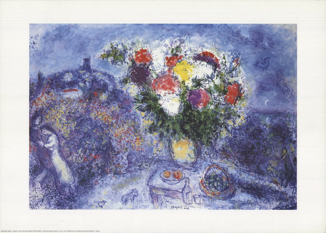 Marc Chagall - Flowers - 1995 Offset Lithograph 19.75 x 27.5"": Title: Marc Chagall - Flowers - 1995 Offset Lithograph 19.75 x 27.5" Description: "Flowers" by Marc Chagall, 1995 Unsigned Offset Lithograph. Paper size is 19.75 x 27.5 inches, with an image size of