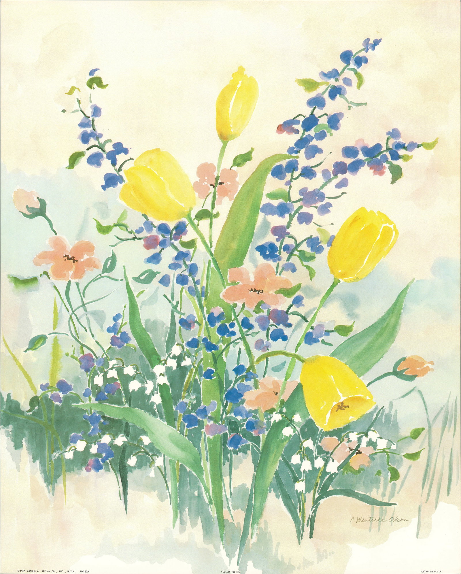 Charlene Winterle Olson - Yellow Tulips - 1985 Offset Lithograph 20 x 16"": Title: Charlene Winterle Olson - Yellow Tulips - 1985 Offset Lithograph 20 x 16" Description: "Yellow Tulips" by Charlene Winterle Olson, 1985 Unsigned Offset Lithograph. Paper size is 20 x 16 inches,