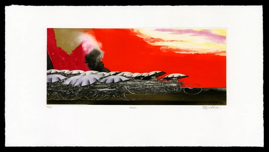 KURODA, Shigeki (b. 1953): Lava: Artist: KURODA, Shigeki (b. 1953) Title:Lava Publisher:(self-published) Date:undated (as always) Medium:Etching; limited editon, no: 57/70. Size/Format:7 1/2" x 17 3/8" Description:Pencil signature.