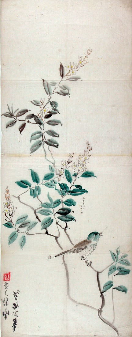 Suzuki NANREI (1775-1844): Bird Sitting on a Branch: Artist: Suzuki NANREI (1775-1844) Title:Bird Sitting on a Branch Series: A 'fumpon' (large preparatory drawing for a painting, most likely for a 'kakemono'). Date:Early 19th century. Medium:Sumi