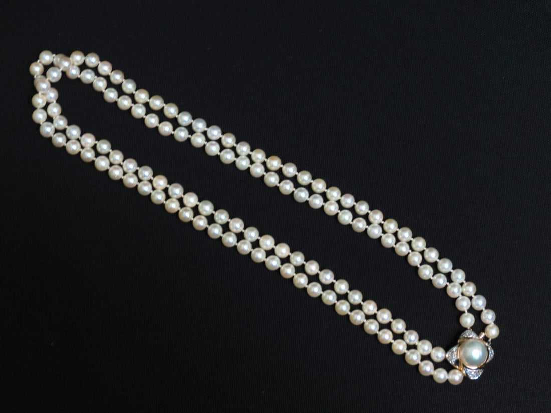 7.50mm JAPANESE DOUBLE STRANDED PEARLS .75CT DIAMONDS CLASP NECKLACE 14kt** - 6