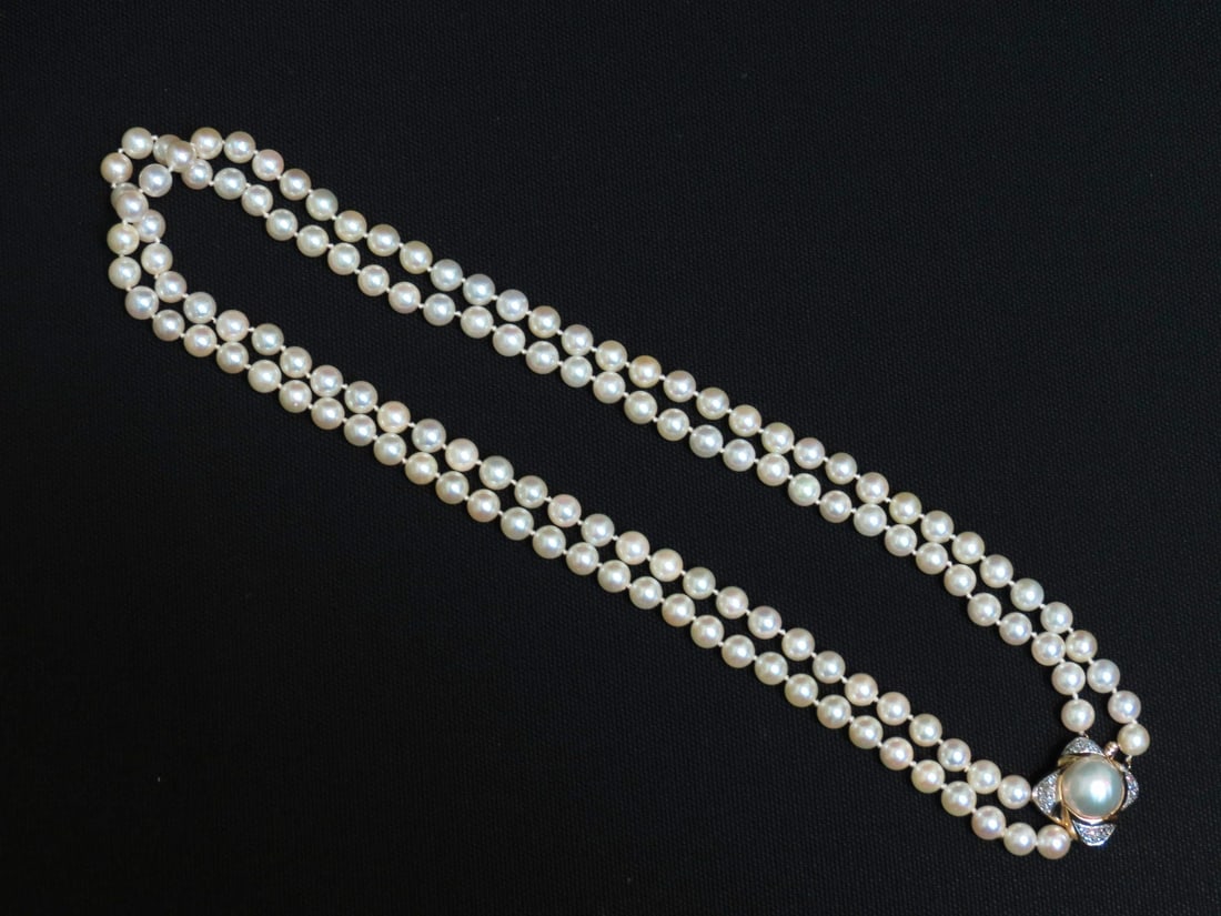7.50mm JAPANESE DOUBLE STRANDED PEARLS .75CT DIAMONDS CLASP NECKLACE 14kt** - 7
